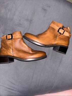 David Tate Cognac Leather Ankle Booties with Buckle